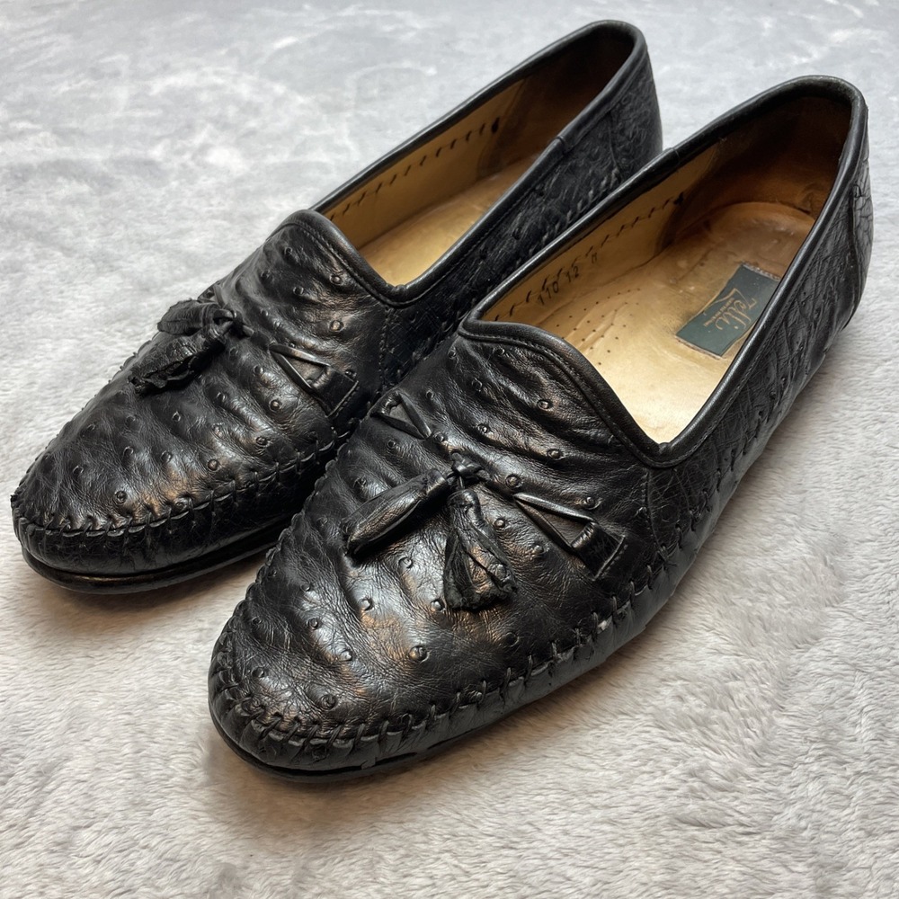 Zelli Italy Mens Genuine Ostrich Leather Loafer Size 12 Black Tasseled Hand Made